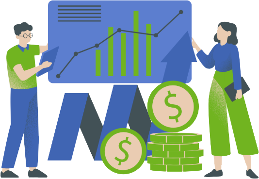 Two illustrated people stand by a large presentation board showing a rising graph and bar chart. Stacks of money and dollar signs are in the foreground, symbolizing financial growth or business success.